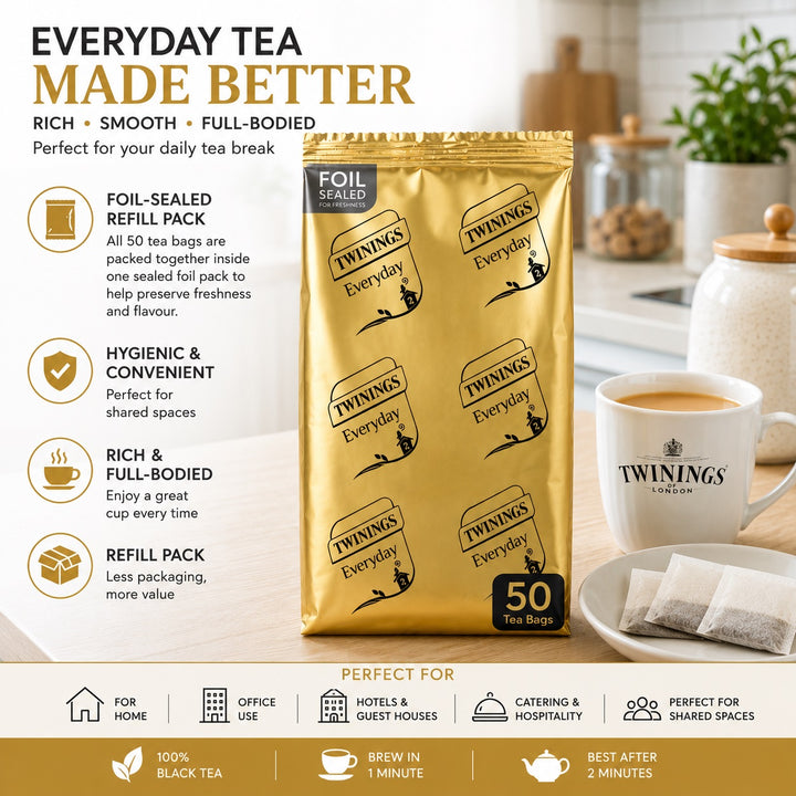 50 Twinings Everyday Black Tea Bags Foil Sealed Outer Pack Office Hotel Catering