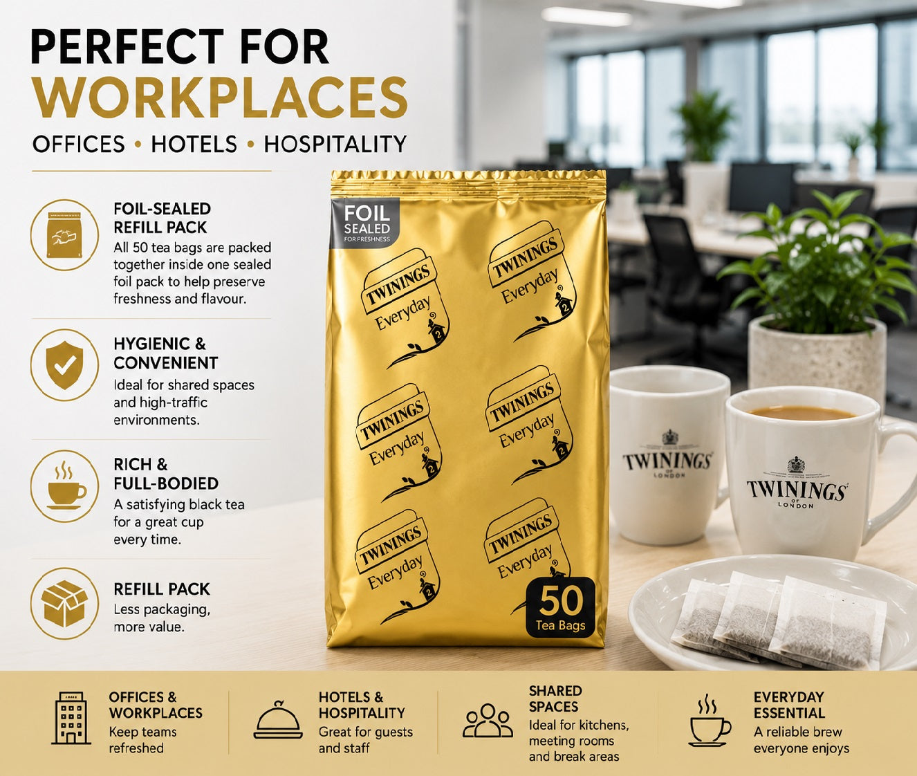 50 Twinings Everyday Black Tea Bags Foil Sealed Outer Pack Office Hotel Catering