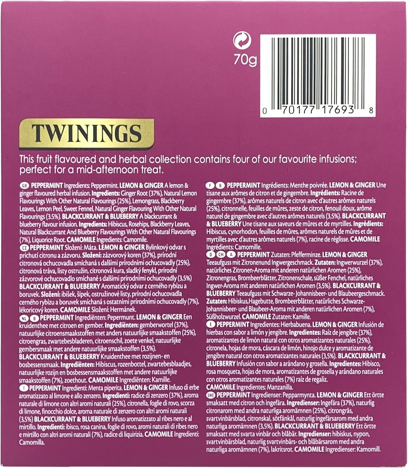 Twinings Fruit & Herbal Tea Selection Gift Box – 40 Sachets | Peppermint, Lemon & Ginger, Blackcurrant & Blueberry, Camomile