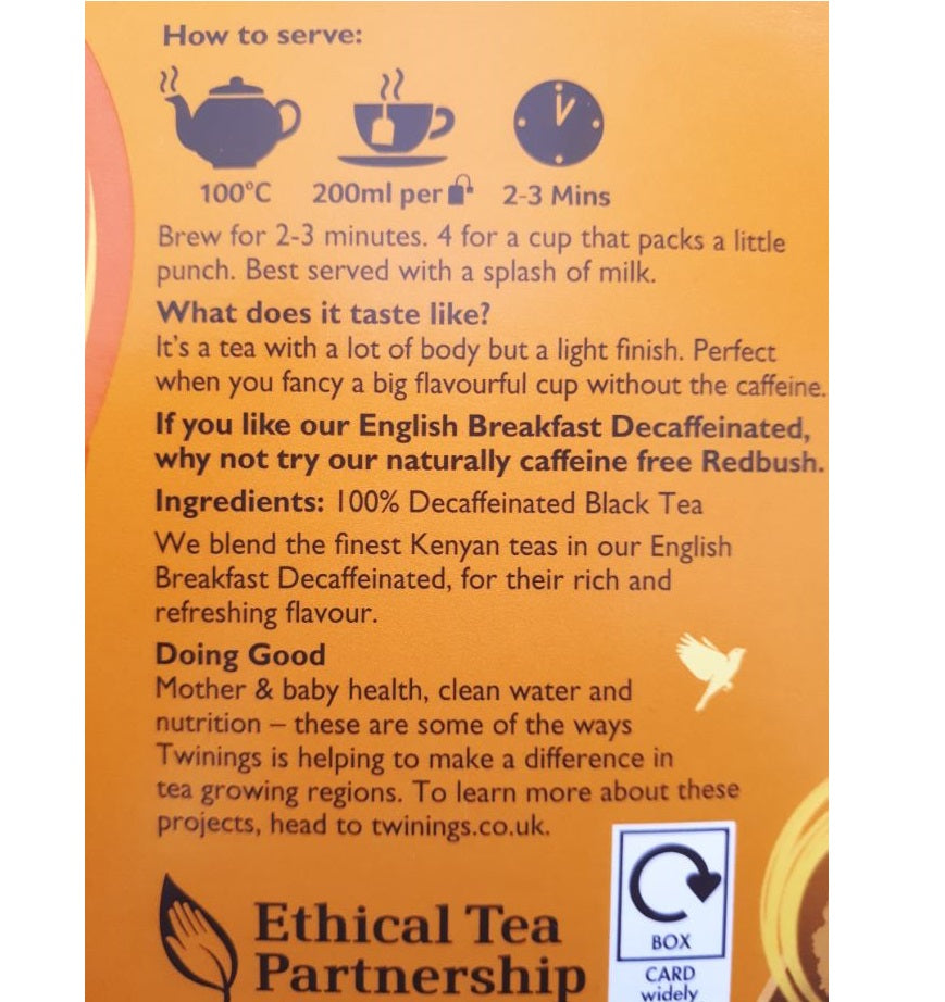 Twinings English Breakfast Decaffeinated Tea Bags – Individually Wrapped (20 or 80)