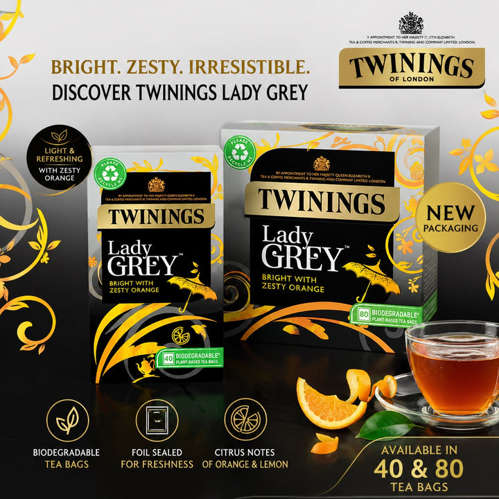 Twinings Lady Grey Tea Bags – Foil Sealed Citrus Black Tea – 40 or 80 Pack
