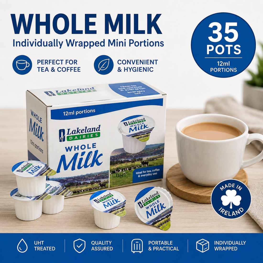UHT Whole Milk Pots 12ml – Long Life Milk Portions for Tea & Coffee