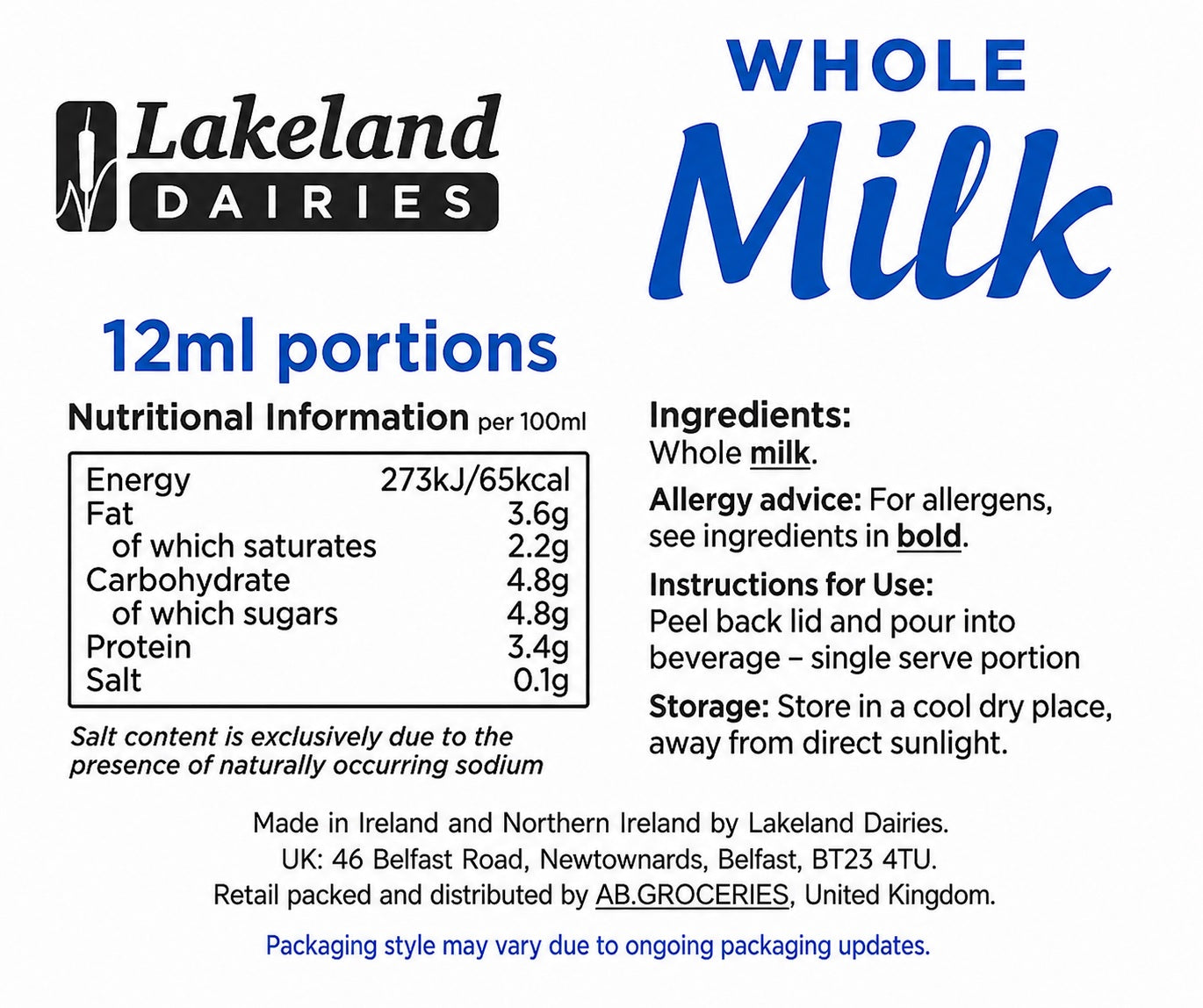 UHT Whole Milk Pots 12ml – Long Life Milk Portions for Tea & Coffee